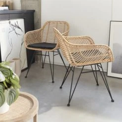 Alice's Garden 2 Fauteuils En Rotin Naturel Et Métal, Coussins Noir -Chaise Soldes 2024 2 fauteuils en rotin naturel et metal coussins noir 2