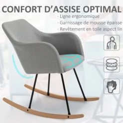 Homcom Fauteuils Fauteuil à Bascule Grand Confort Lin Gris -Chaise Soldes 2024 fauteuil a bascule grand confort lin gris 3