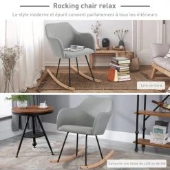 Homcom Fauteuils Fauteuil à Bascule Grand Confort Lin Gris -Chaise Soldes 2024 fauteuil a bascule grand confort lin gris 5