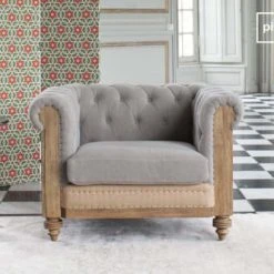 PIB Fauteuils Fauteuil Chesterfield En Lin Gris -Chaise Soldes 2024 fauteuil chesterfield en lin gris 2