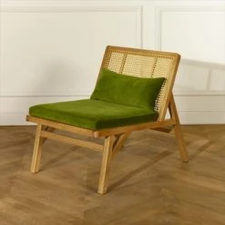 Robin Des Bois Fauteuils Fauteuil En Cannage Chêne Clair Et Velours Vert Vintage -Chaise Soldes 2024 fauteuil en cannage chene clair et velours vert vintage 4