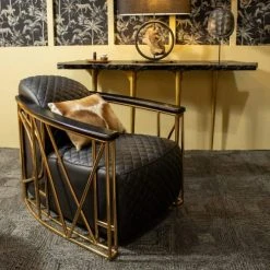 Now’s Home Fauteuils Fauteuil En Cuir Matelassé Noir Structure En Inox Cuivré -Chaise Soldes 2024 fauteuil en cuir matelasse noir structure en inox cuivre 1