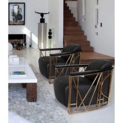 Now’s Home Fauteuils Fauteuil En Cuir Matelassé Noir Structure En Inox Cuivré -Chaise Soldes 2024 fauteuil en cuir matelasse noir structure en inox cuivre 4