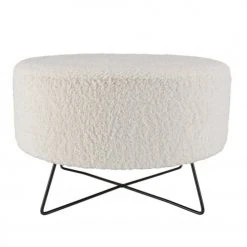MACABANE Poufs Pouf Rond Tissu Bouclette Blanc Pieds Croisés Métal Noir -Chaise Soldes 2024 pouf rond tissu bouclette blanc pieds croises metal noir 2