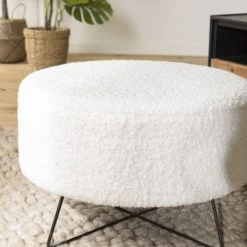 MACABANE Poufs Pouf Rond Tissu Bouclette Blanc Pieds Croisés Métal Noir -Chaise Soldes 2024 pouf rond tissu bouclette blanc pieds croises metal noir 3