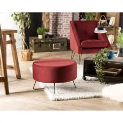 MACABANE Poufs Pouf Rond Tissu Velours Bordeaux Pieds Métal -Chaise Soldes 2024 pouf rond tissu velours bordeaux pieds metal 5